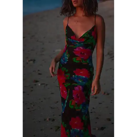 Женское длинное платье с принтом, пляжная одежда на бретелях-спагетти, повседневное длинное облегающее уличное платье
