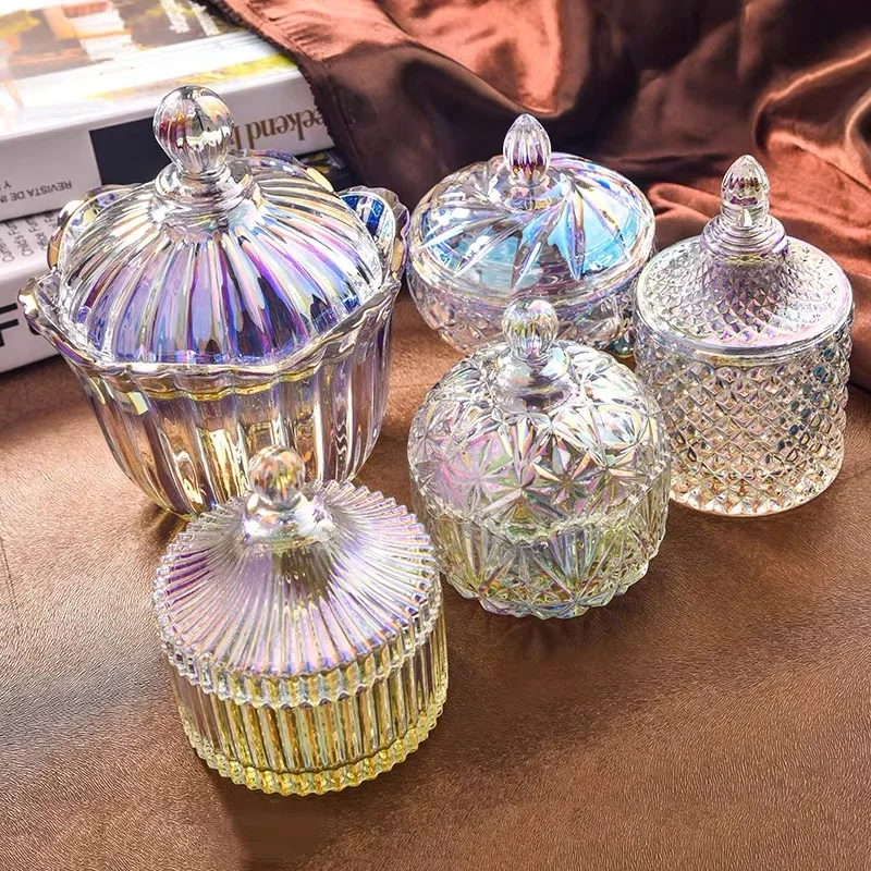 

Color Crystal Glass Storage Jar Lids 300ML Candy Jar Glass Transparent Container Cookie Cotton Swab Box Cotton Pad Storage