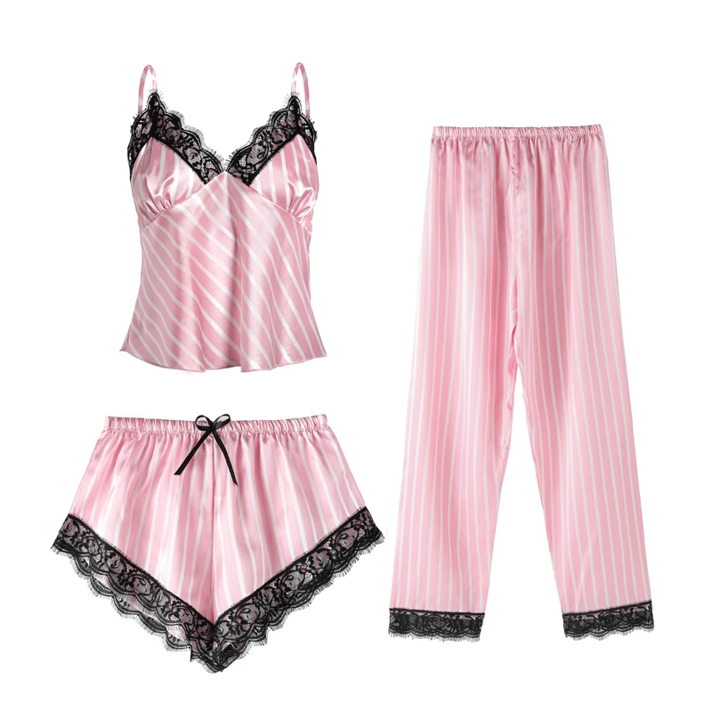 

V-neck Sexy Sleepwear Set Female Lace Suspenders Pajamas Pants Suit Loose Backless Kimono Bath Gown Sumer New LADY Home Clothing