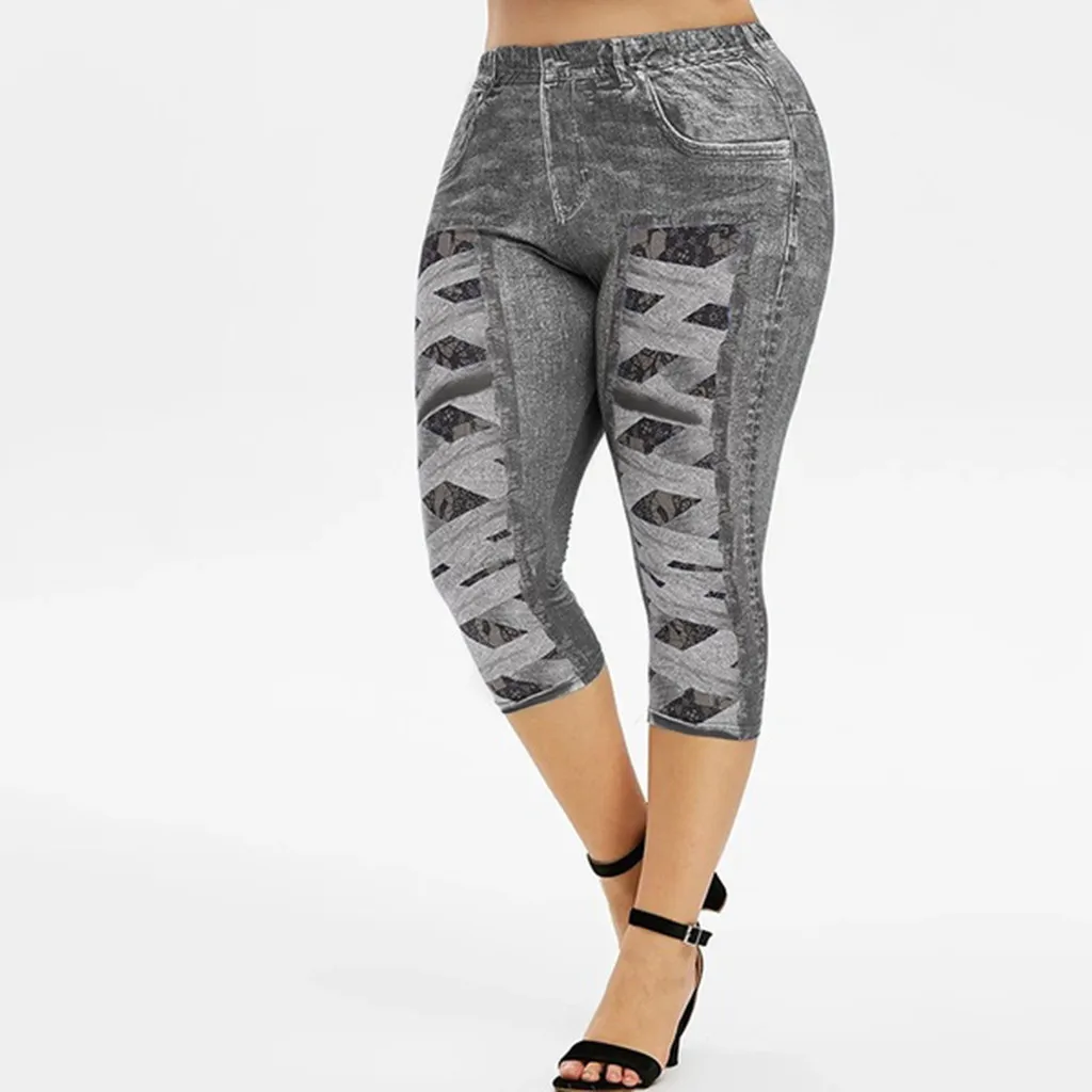 Женские модные облегающие джинсы размера плюс с объемным кружевным принтом