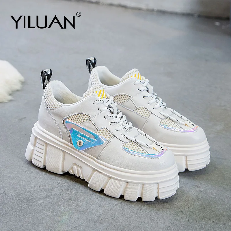 Yiluan/Новинка весны 2020 года белые кожаные кроссовки на платформе дышащие