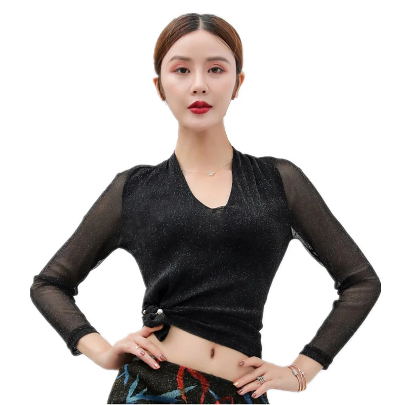 

Women Dance Clothing Accessories Long Sleeves Elastic Mesh Crop Belly Dance Shinny Tops with Pin