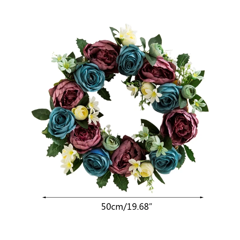

20'' European Rose Flower Wreath Artificial Floral Spring Garland for Front Door Wall Farmhouse Home Decoration