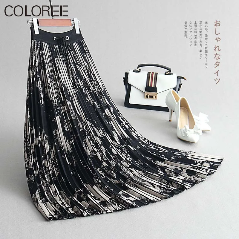 Vintage Black Floral Printed Knitted Woman Skirt 2021 Autumn Winter High Waist A-line Midi Skirts Womens | Женская одежда