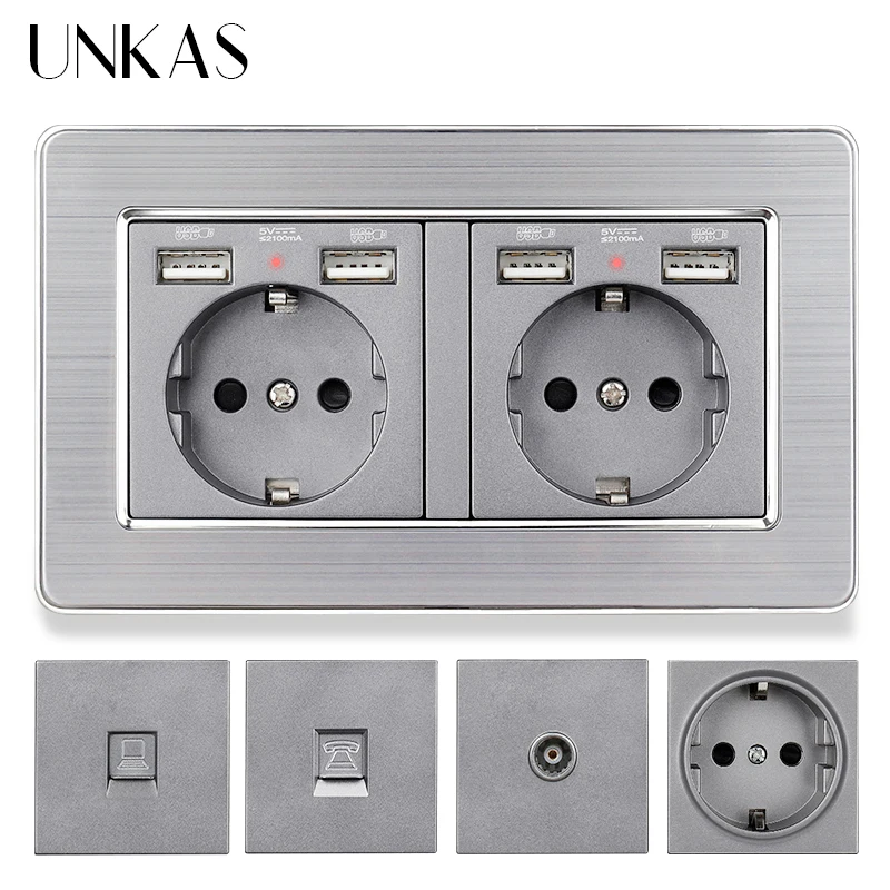 UNKAS серая Европейская французская розетка с двумя USB портами + ТВ RJ11 телефонный