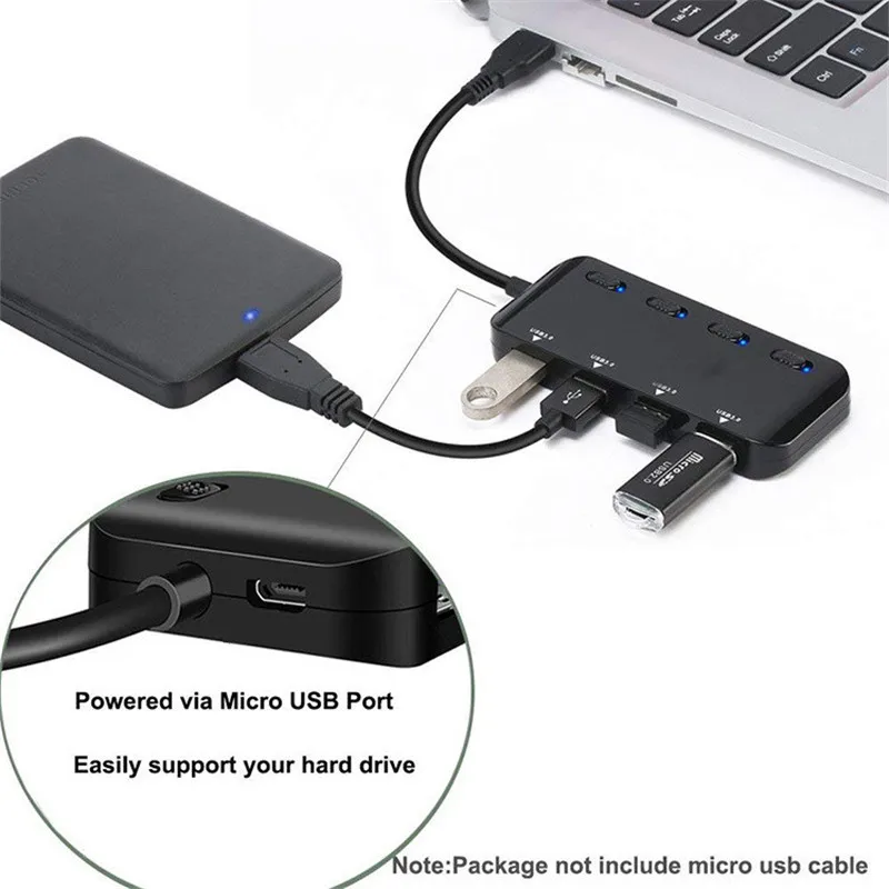 USB 3,0 концентратор 4 порта быстрая скорость ультра-тонкий USB3.0 сплиттер кабель светодиодный индикатор Seperate переключатели для ПК мышь клавиатуры компьютера