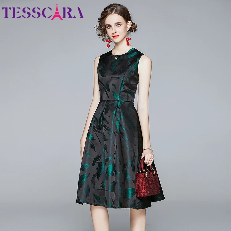 TESSCARA Women Luxury Jacquard Dress Festa High Quality Office Cocktail Party Robe Femme Vintage Designer Sleeveless Vestidos | Женская
