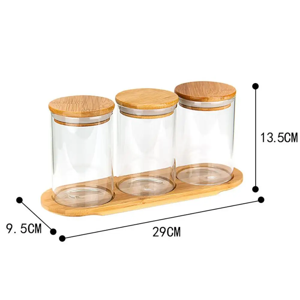 

Multifunctional Glass Condiment Storage Tank 3PCS/Set Transparent Seasoning Bottle With Bamboo Base Kitchen Utensils Sealed Jar