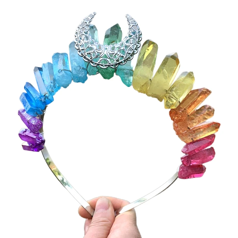 

Разноцветная Радужная искусственная корона, повязка на голову с металлической ажурной античной луной, тиара, ведьма, аксессуары для волос