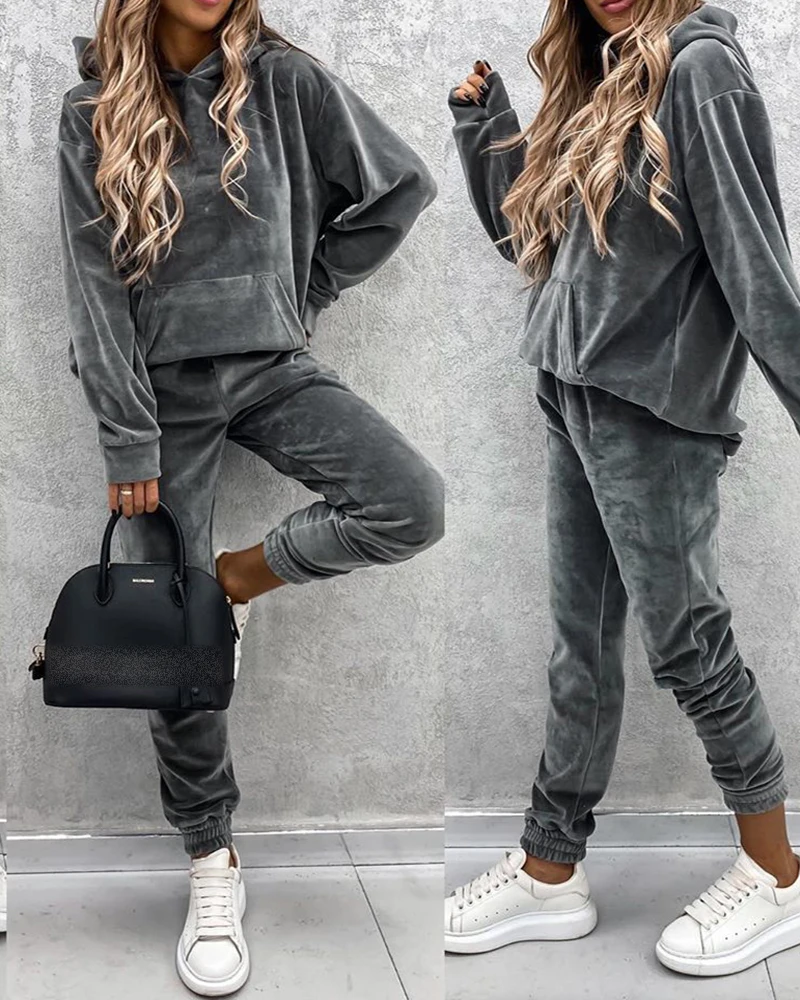 

Tangada 2020 Autumn Winter Women thick fleece cotton suit 2 pieces sets hoodies sweatshirt and pants suits