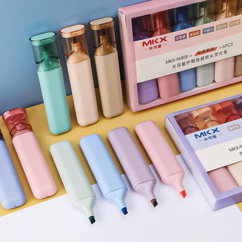 

Light-color Eye-protecting Highlighter Pen Students Large-capacity Drawing Markers Learning To Mark Soft-tip Colored Pens 6pcs