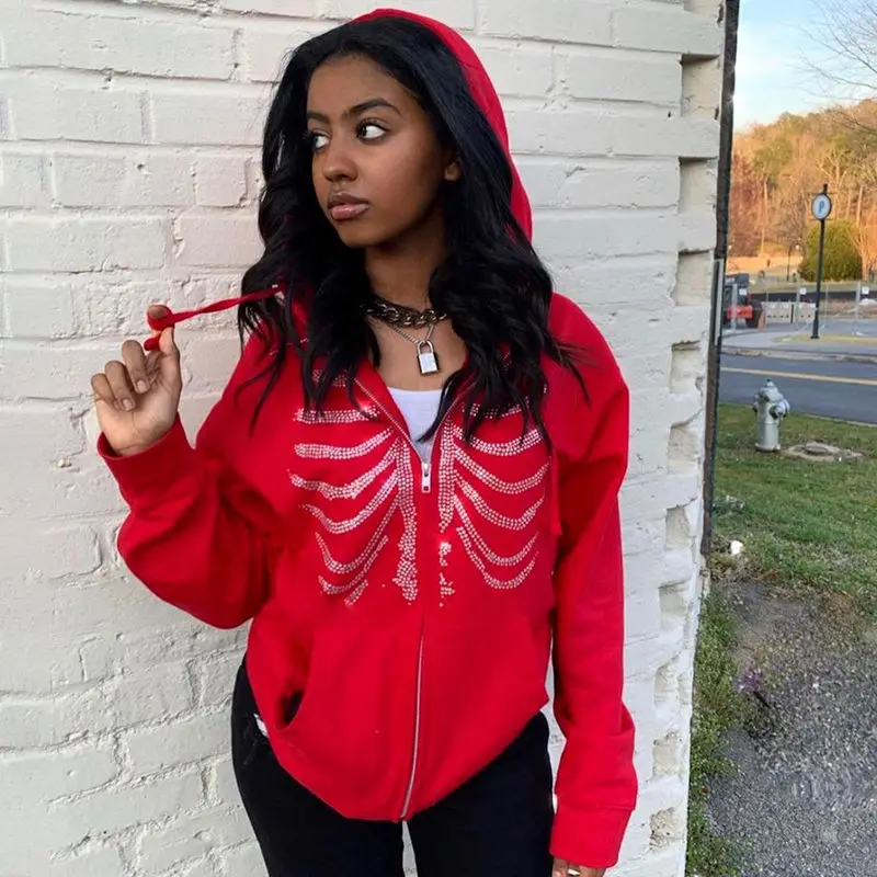 

Streetwear Beading Zip Up Hoodies Black Long Sleeve Jacket Women Hip Hop Casual Hooded Coat Harajuku Outwear Spring Autumn Tops