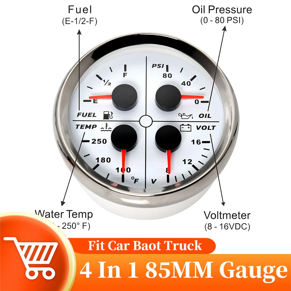 

New 4 in 1 Multifunctional Gauge Fuel Level gauge Oil Pressure Meter Water Temperature gauge Voltage 8-16v