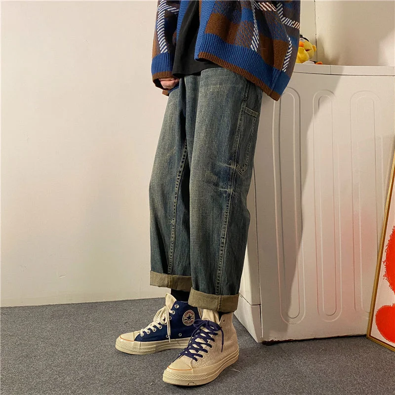 

Мужские модные прямые брюки 2021, повседневные мешковатые брюки, джинсы-карго с карманами, потертые джинсы, классический стиль, байкерские джинсовые брюки