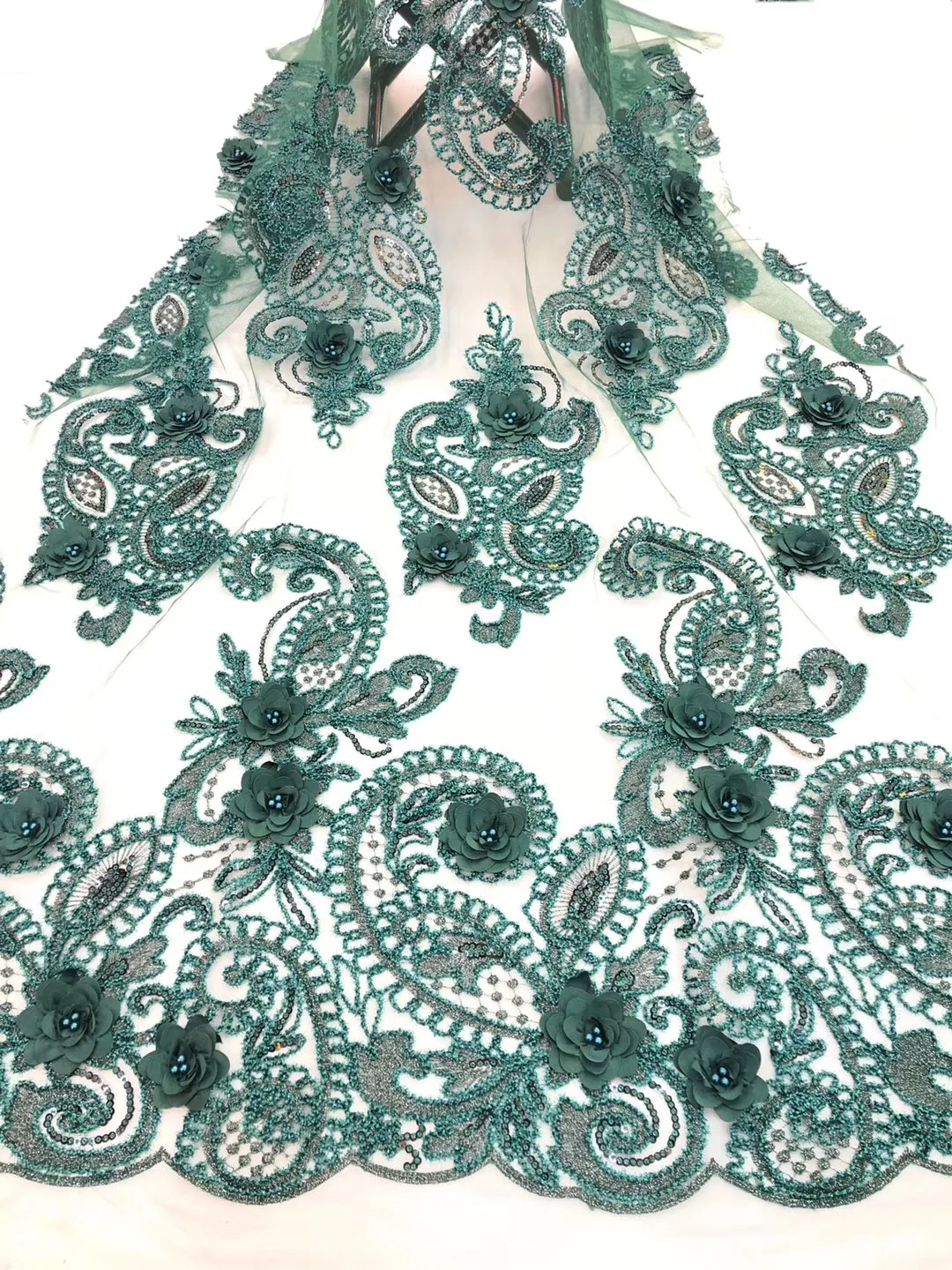 

Sky blue Gorgeous Floral french lace top grade African net lace tulle fabric with 3D Appliques beads 5 yards/PC RF3033