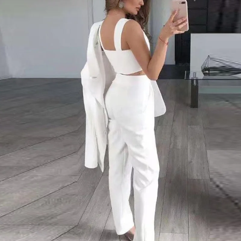 

Autumn Women Solid Color Three-Piece Set Elegant Office Ladies Long-Sleeved Jacket Suspenders Suit Casual Slim High-Waist Suit