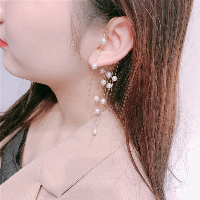 

2021 Fashion Pearl Long Tassel Drop Earrings Chic style Non pierced Ear Clip For Women Korean Hoop Jewelry