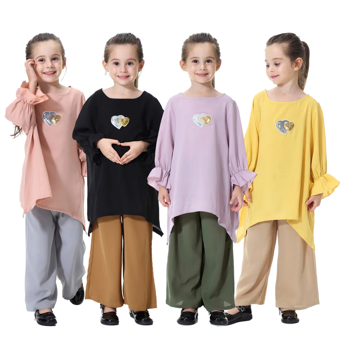 New Fashion Girls Two Piece Set Muslim Children Robe Ramadan Arab Islamic Clothing Harem Pants Set Loose Style Muslim Suits