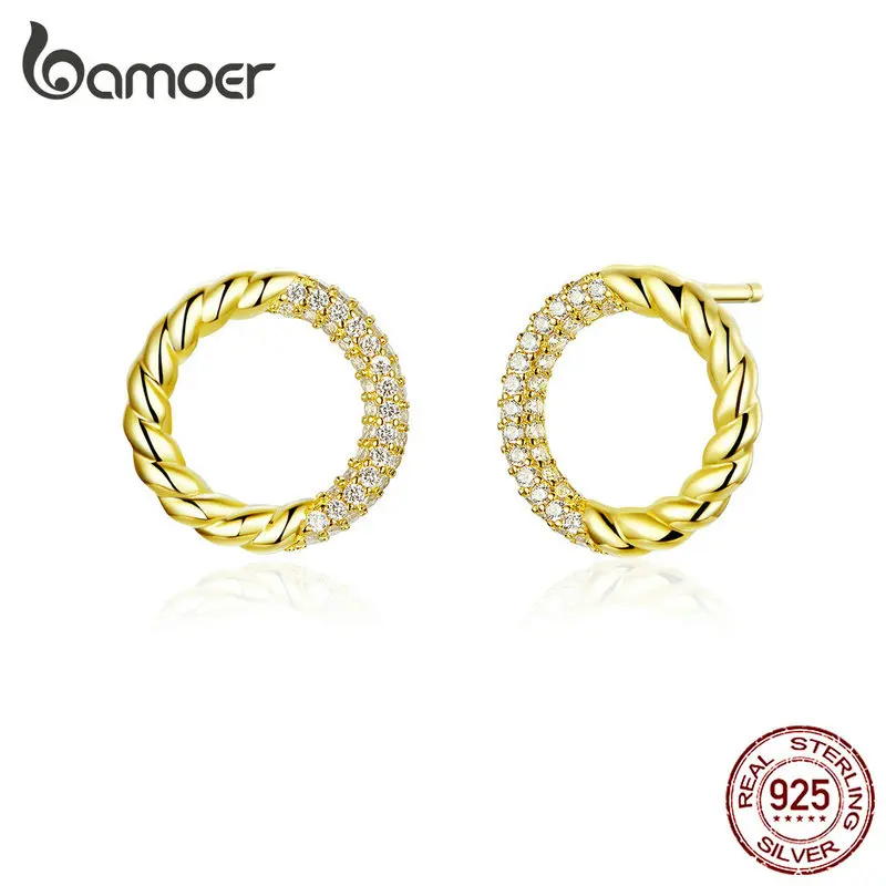 Bamoer 925 Серебряные серьги-гвоздики Circle Round для женщин, золотистого цвета, свадебные украшения Stetement Jewelry 2019 New Orecchini BSE295