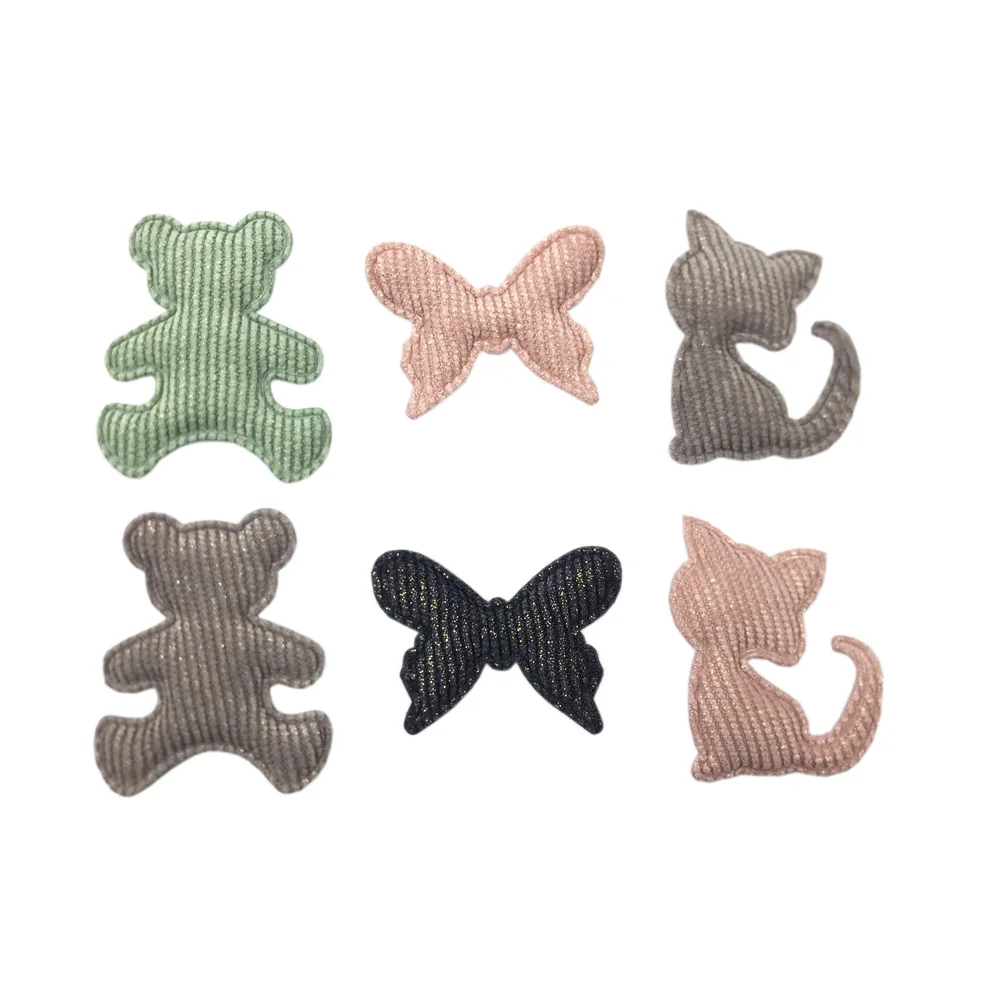 

24P Stripe Fabric Cat Bear Butterfly Padded Applique For Kids Hairpin Headwear Crafts Decor Ornament Stick On Patches Accessoire