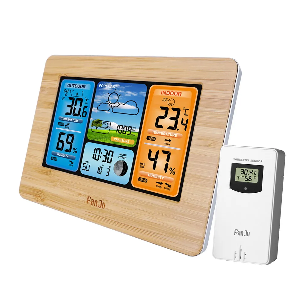 

Цифровой термометр FanJu FJ3373 с ЖК-дисплеем и будильником для помещений и улицы, прогноз погоды, барометр, термометр, гигрометр