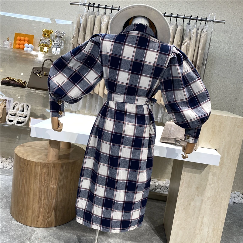

Niche Design Retro Contrast Color Plaid Lantern Sleeve Dress 2021 New Light Ripe Wind Double Breasted Waist Dress