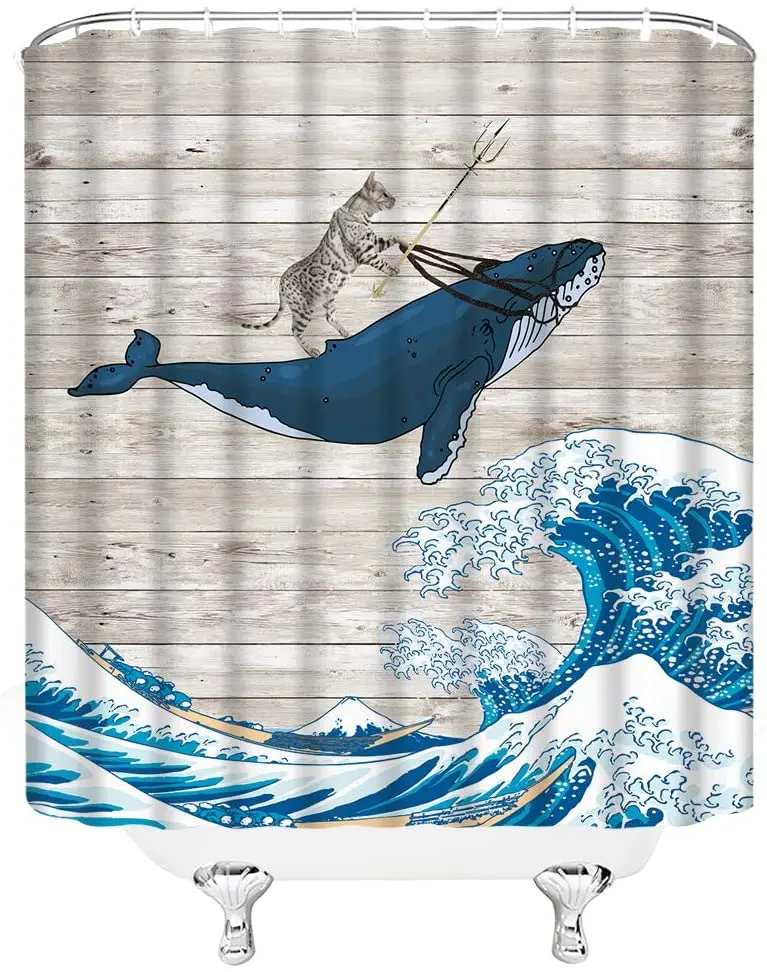 Забавные занавески для душа в виде кошки катания на ките большой волны винтажные
