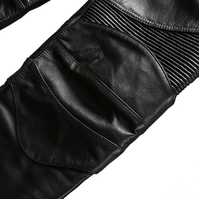 

Genuine Leather Cow Mens Mid Waist Straight Long Pants Male Trousers Motorcycle Biker Regular Brand High Quality Plus Size Black