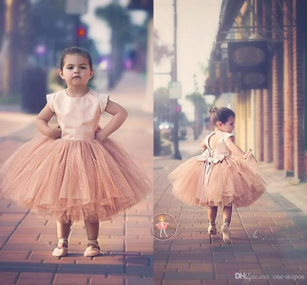 

Cute Blush Pink Jewel Ball Gown Tea Length Flower Girls Dresses Keyhole Backless Pearl Bow Wedding Party Birthday Christmas Girl