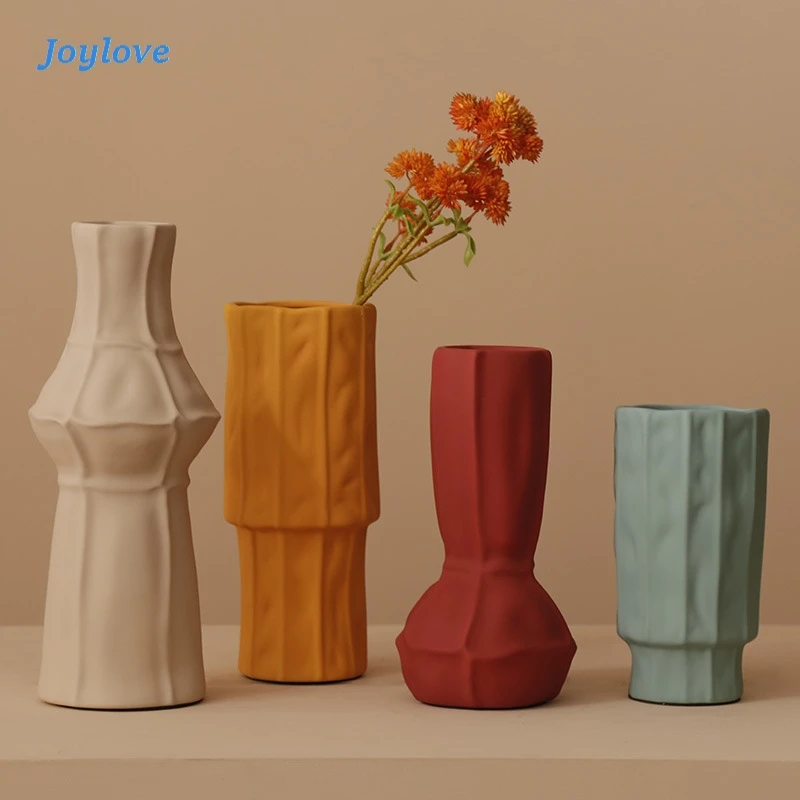 

JOYLOVE Nordic Morandi Color Texture Glazed Ceramic Tree-shaped Geometric Vase Villa Model Room Designer Furnishing Decoration