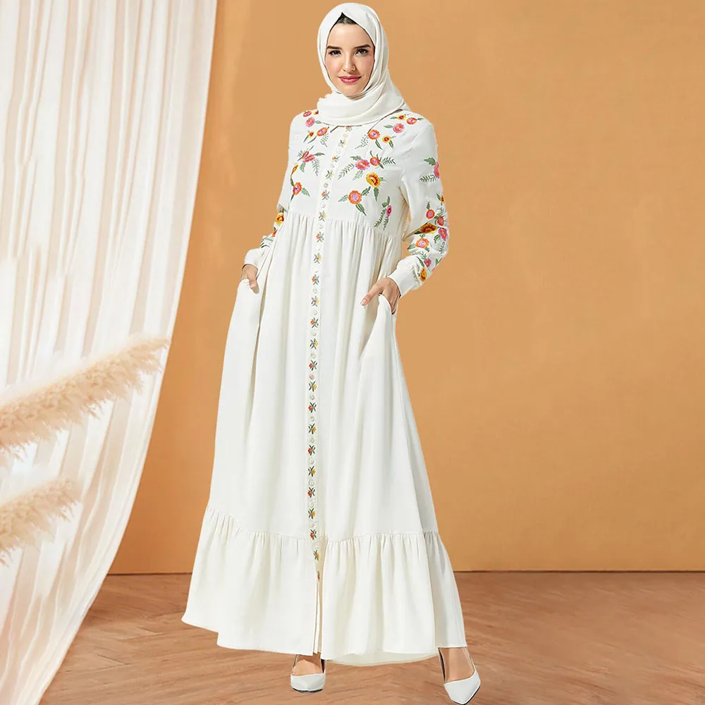 Женское мусульманское платье без хиджаба Abaya белое вечернее с вышивкой в