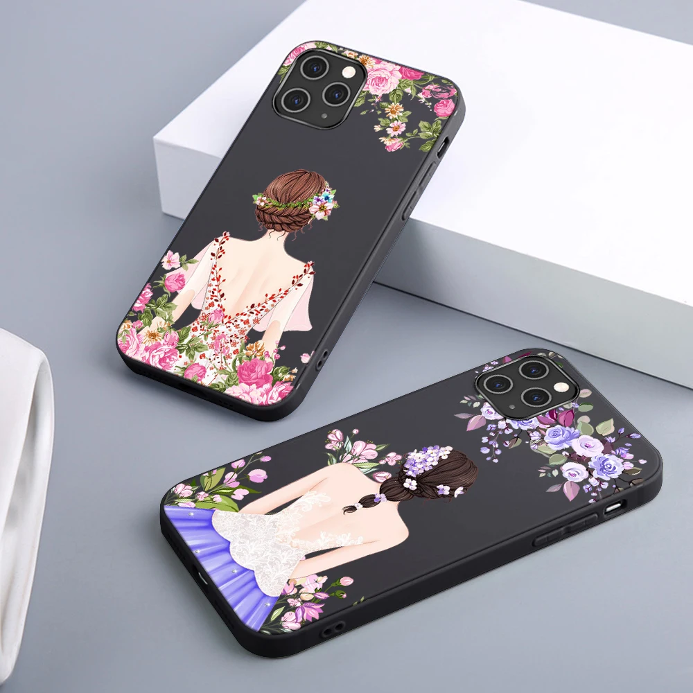 

Girl Flower Case For iPhone 12 11 Pro Max Mini Cover for iPhone 11 Pro X XR XS MAX 7 8 6 S Plus 5S SE 2020 Soft TPU Phone Fundas