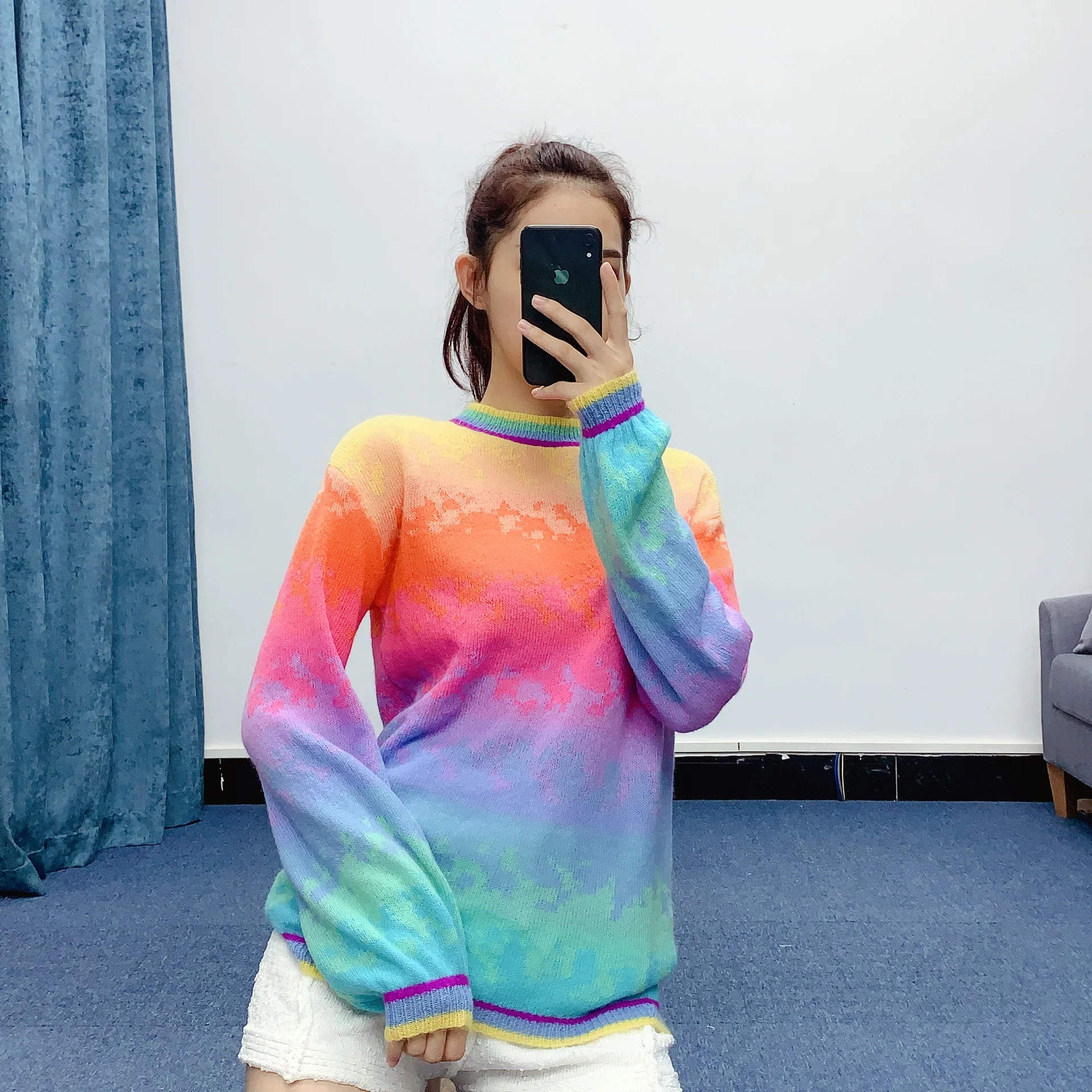 

High-End Quality 2020 Autumn and Winter New Knitwear Rainbow-Colored Sweater Women's Loose High Collar Pullover Lazy Sweater