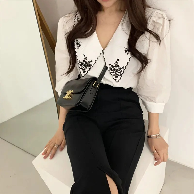 2019 высокое качество кружева шифон блузка рубашка длинный рукав с бисером рубашки