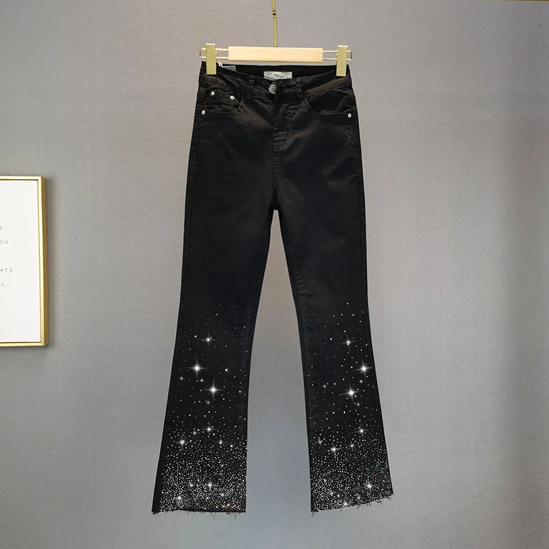 

Denim Bootcut Trousers Women's Trendy 2021 Summer New Thin Black Elastic Jeans Rhinestone Bell-Bottom Pants Female Jean Pants