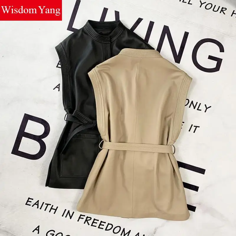 Real Sheepskin Genuine Leather Sleeveless Long Coat Womens Zipper Pockets Overcoat Ladies Bomber Moto Jacket Coats Outerwear