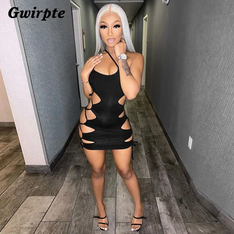 

Gwirpte Spaghetti Straps Elegant Bandage Women Club Party Sexy Drawstring Backless Outfits Bodycon Mini Dress