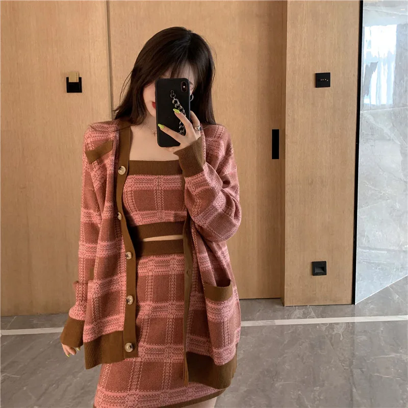 Women's Autumn Winter Plaid Cardigan Sweater Knit Suit New Korean Camisole A Word Skirt Three-piece Ins Tide ML168 |