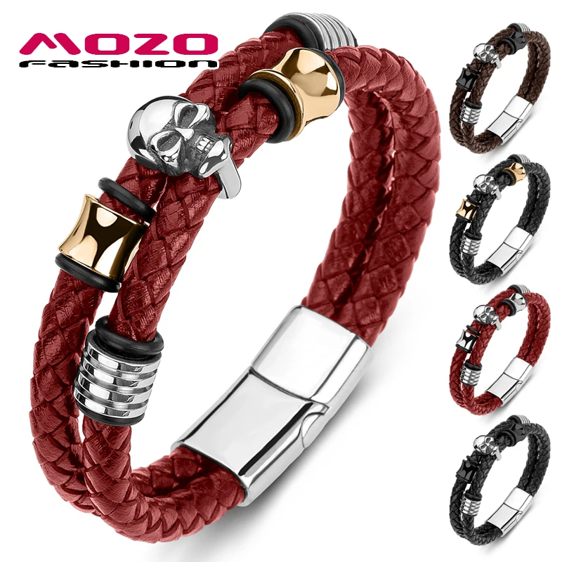 

MOZO Dropshipping 2021 Men Bracelets Braided Leather Rope Chain Stainless Steel Skull Bangles Punk Skeleton Jewelry Gifts 186