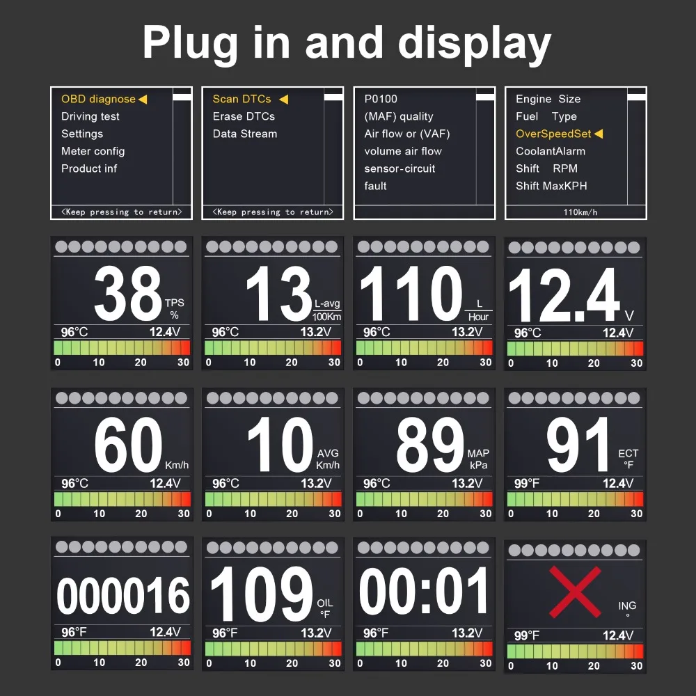 AUTOOL X60 OBD2 дисплей Спидометр Тахометр напряжение батареи Вода Масло Температура Датчик давления пробег Авто сканер HUD