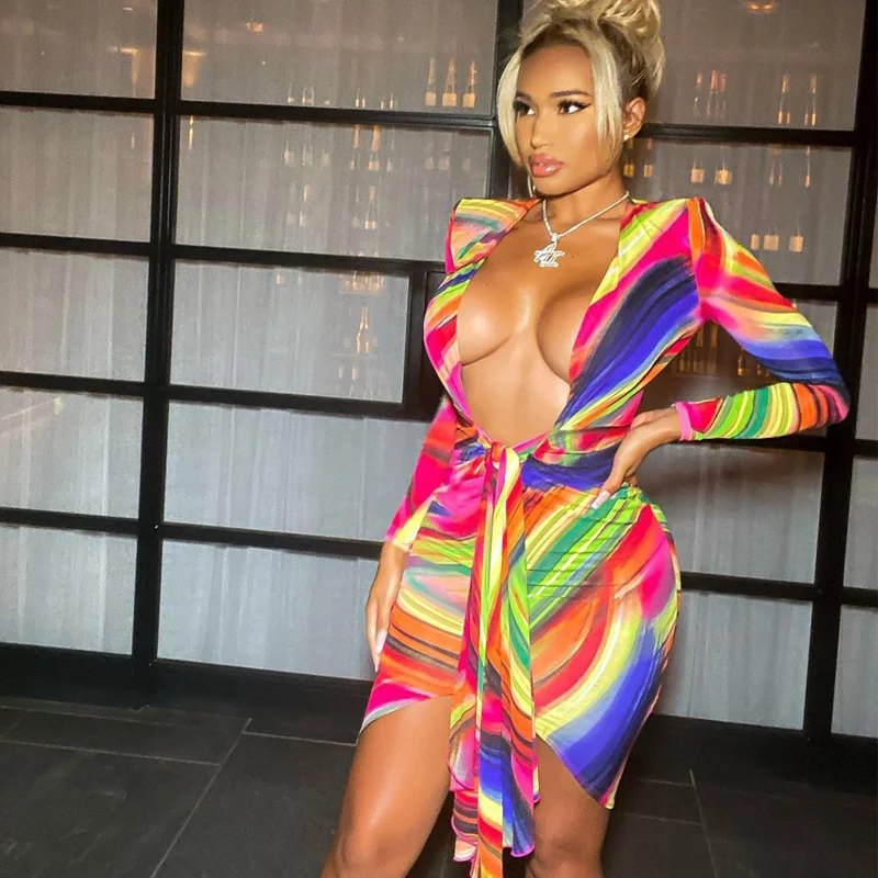 

Deep V-neck Tie Dyeing Print Women Dress 2021 Elegant Long Sleeve High Waist Lace-up Short Mini Dress Female Vestidos