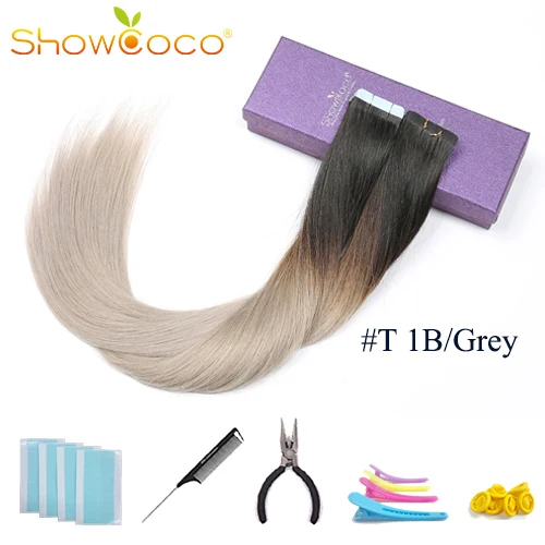 ColorT1B Grey -40Pcs ShowCoco лента в Пряди человеческих волос для наращивания натурального волос 20/40 шт, смешанные цвета, Цвет горячие головы для наращивания блеск коричневого до блондинка ленточных накопителей - Цвет: ColorT1B Grey -40Pcs
