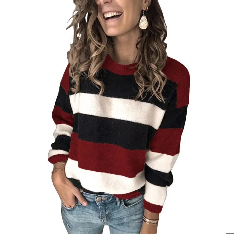 

Loose Knitted Sweater Women Long Sleeve Sweatshirts O-Neck Striped Autumn Winter Casual Pullover New wn*