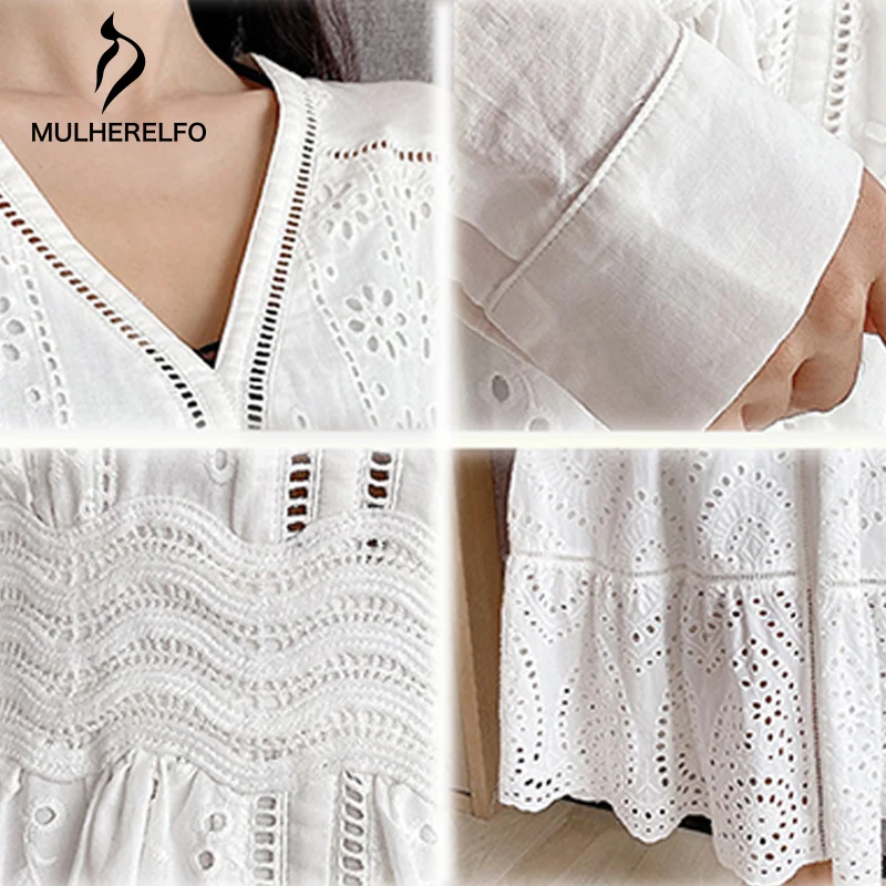 

V-Neck Long Sleeve Dress Women French Elegant Round Cut-Out White Long Dresses Lace Stitching Casual Women's Maxi Dress Spring