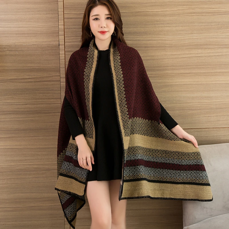 Толстые теплые накидки из искусственного кашемира женские зимние вязаные