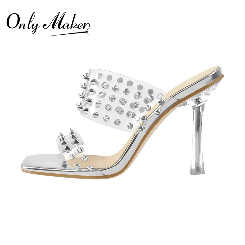 

Onlymaker Women's Summer Slip-On Sandals Silver Gold Square Toe Rivet PVC Band Clear Metal Heels Slippers Fashion
