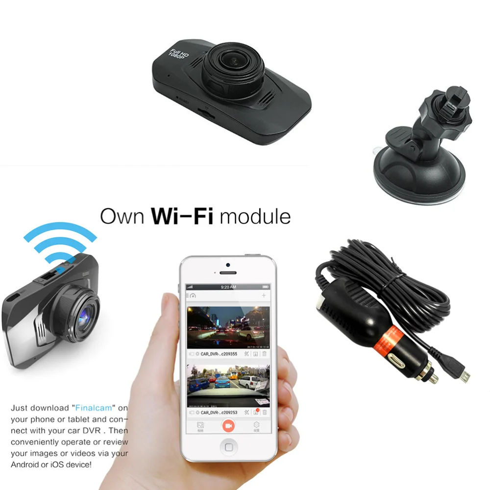 

Car Camera WiFi Dash Cam 170 Wide Angle Full Dashboard Camera Car DVR Recorder with 2.7 Inch LCD Screen G-Sensor Loop Recording