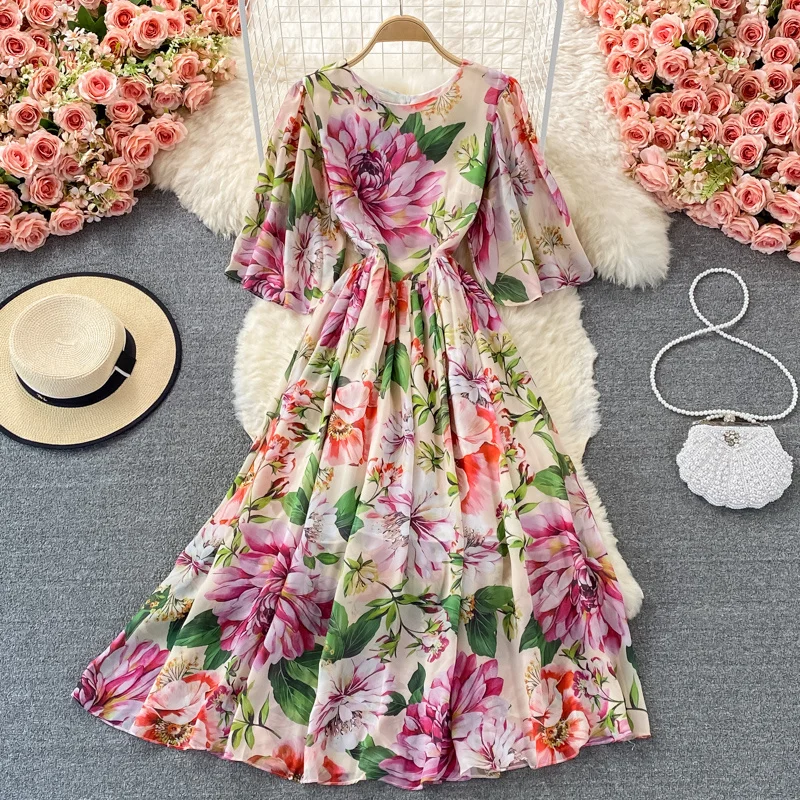 

Женское шифоновое платье-миди с круглым вырезом, элегантное праздничное платье с принтом роз и бантом, лето 2021