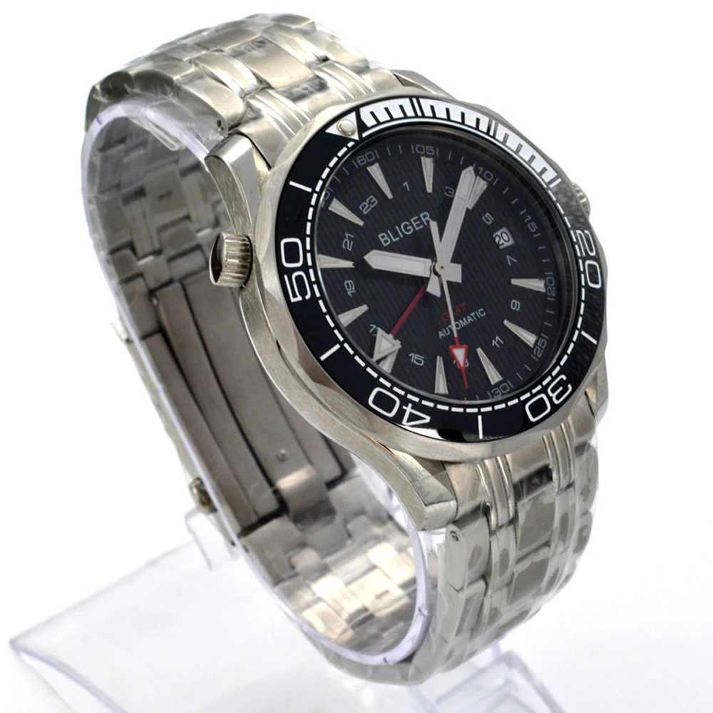 Мужские наручные часы BLIGER черные и белые автоматические механические GMTWave с
