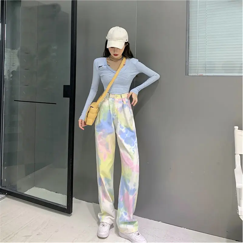 

High waist tie dye fried Street rainbow wide leg jeans women's Harajuku trend waist straight casual pants mop pants trend